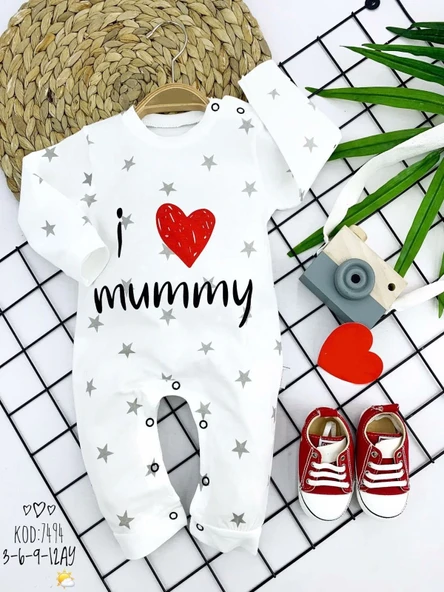 3-6-9-12 Ay Gümüş Yıldız I Love Mummy Baskılı Uzun Kollu Kız Erkek Bebek Tulumu Beyaz ürün görseli 1