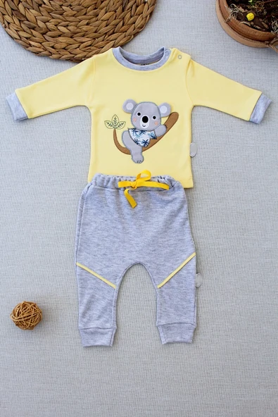 3-6 6-9 9-12 12-18 Ay Yavru Koala Nakışlı Uzun Kollu Sweat 2li Kız Erkek Bebek Takımı Sarı ürün görseli 1