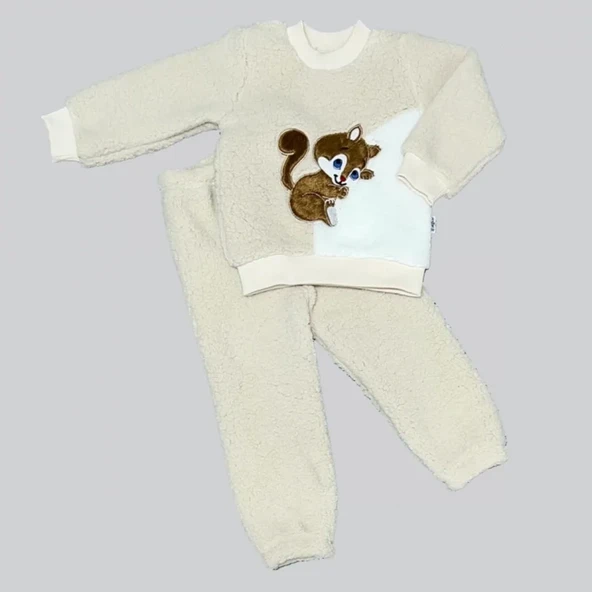 1-2-3 Yaş Masum Yavru Sincap Nakışlı Kuzu Kumaş Sweat Pantolon 2li Kız Erkek Bebek Takımı Bej ürün görseli 1