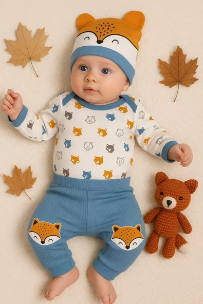 Little Fox Desenli 3'lü % 100 Pamuklu Erkek Takım ürün görseli 1
