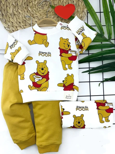9-12-18-24 Ay Pooh Baskılı Yaka Çıtçıtlı Uzun Kollu Sweatli 2li Kız Erkek Bebek Takımı Sarı ürün görseli 1