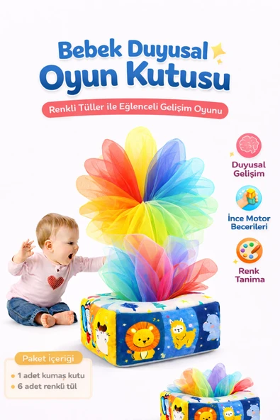 TİNEKE Bebekler İçin Eğitici Duyusal Oyun Kutusu Oyuncağı Renkli Tül Oyunu Peçetelik Eğitici Oyuncak ürün görseli 1