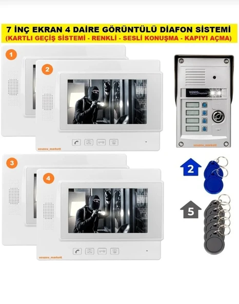 7 İNÇ EKRAN 4 DAİRELİK GÖRÜNTÜLÜ DİAFON SİSTEMİ (KARTLI GEÇİŞ-RENKLİ-SESLİ KONUŞMA-KAPIYI AÇMA) ürün görseli 1
