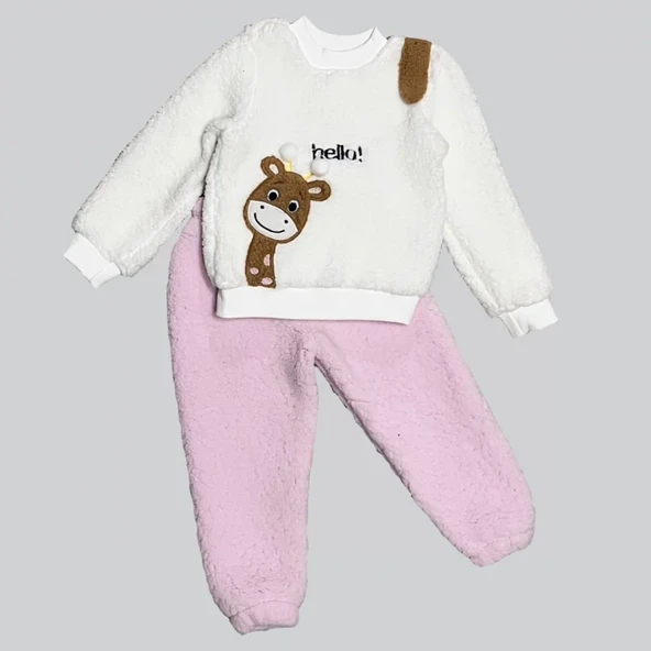 1-2-3 Yaş Hello Zürafa Nakışlı Kuzu Kumaş Sweat Pantolon Uzun Kollu Kız Erkek 2 Li Takımı Pembe ürün görseli 1