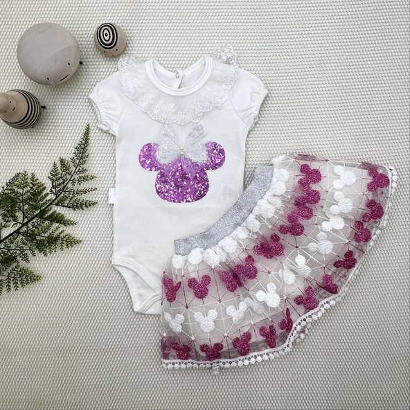 1-2-3 Yaş Payetli Mickey Nakışlı Kısa Kollu Brode Etekli 2li Kız Bebek Takımı Fuşya ürün görseli 1