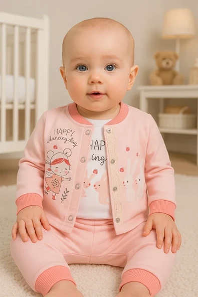 Happy Dancing Desenli 3'lü Hırkalı Kız Bebek Takım ürün görseli 1
