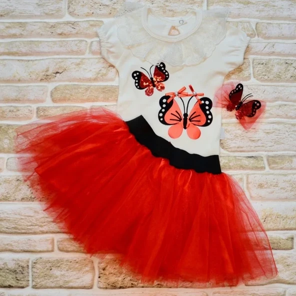 9-12-18 Ay Payetli Kelebek Nakışlı Taçlı Kısa Kollu Tütü Etek 3lü Kız Bebek Takımı Kırmızı ürün görseli 1