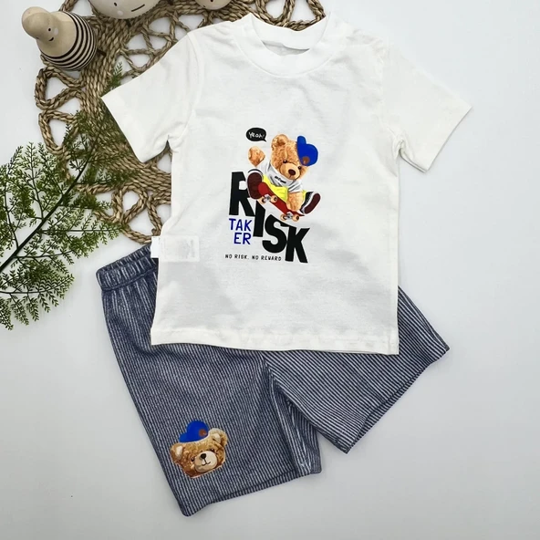 1-2-3 Yaş Kaykaycı Ayı Baskılı Şortlu Kısa Kollu Tişört 2li Erkek Bebek Takımı İndigo ürün görseli 1