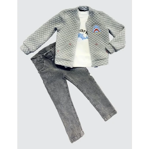 DMR Elegance 4-5-6 Yaş Kot Pantolonlu Pilot Mont Uzun Kollu Penye Sweat 3lü Erkek Çocuk Takımı Gri ürün görseli 1