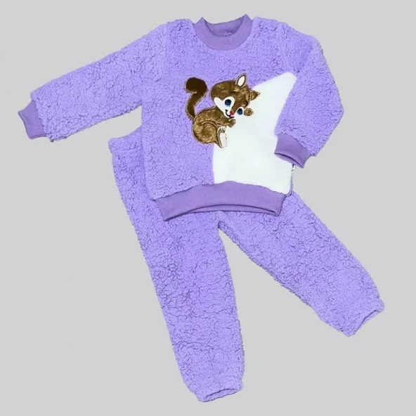 1-2-3 Yaş Masum Yavru Sincap Nakışlı Kuzu Kumaş Sweat Pantolon 2li Kız Erkek Bebek Takımı Lila ürün görseli 1