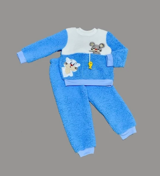1-2-3 Yaş Sallanan Balık Nakışlı Kuzu Kumaş Sweat Pantolon Uzun Kollu Kız Erkek 2 Li Takımı Saks Mavisi ürün görseli 1