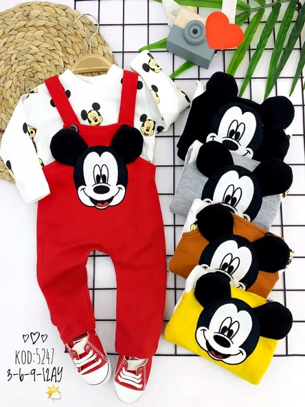 3-6-9-12 Ay Mickey Figürlü Uzun Kollu Baskılı Sweatli 2li Kız Erkek Bebek Salopet Takımı Kırmızı ürün görseli 1