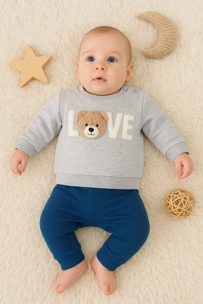 Bear Love Nakışlı % 100 Pamuklu 2'li Erkek Takım ürün görseli 1