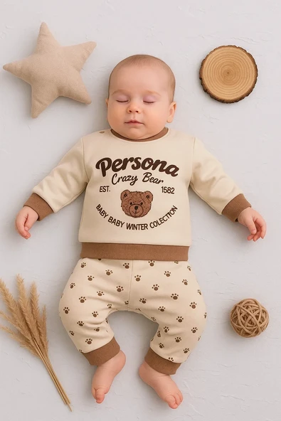 Persona Bear Nakışlı % 100 Pamuk 2'li Erkek Bebek Takım ürün görseli 1