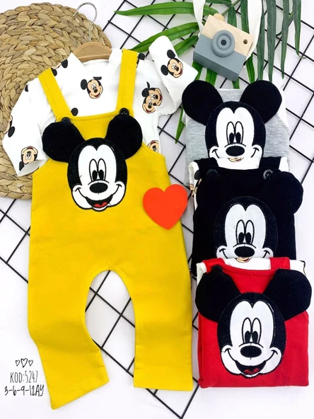 3-6-9-12 Ay Mickey Figürlü Uzun Kollu Baskılı Sweatli 2li Kız Erkek Bebek Salopet Takımı Sarı ürün görseli 1