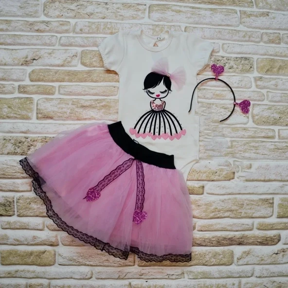 9-12-18 Ay Kalp Kız Nakışlı Taçlı Kısa Kollu Tütü Etek 3lü Kız Bebek Takımı Lila ürün görseli 1