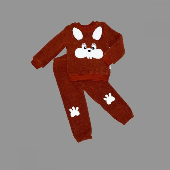 1-2-3 Yaş Kulaklı Tavşan Figürlü Kuzu Kumaş Sweat Pantolon Uzun Kollu Kız Erkek 2 Li Takımı Kahverengi ürün görseli 1