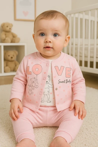 Love Tavşan Desenli Kol Detaylı 3'lü Hırkalı Kız Bebek Takım ürün görseli 1