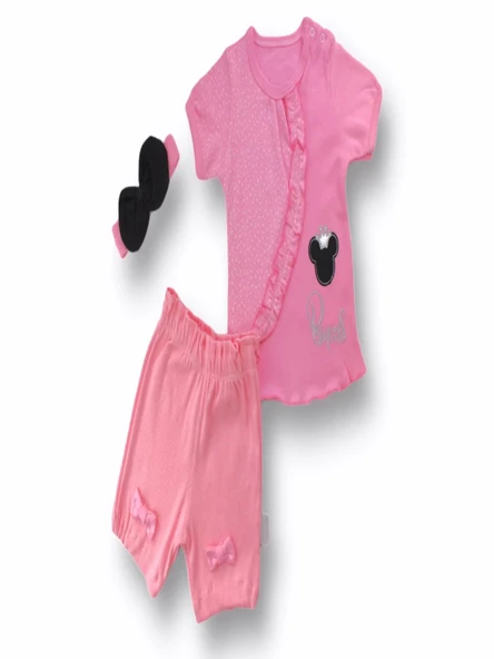 3-6 6-9 9-12 12-18 Ay Princess Taçlı Mickey Nakışlı Şort Tişört 3lü Kız Bebek Takımı Pembe ürün görseli 1