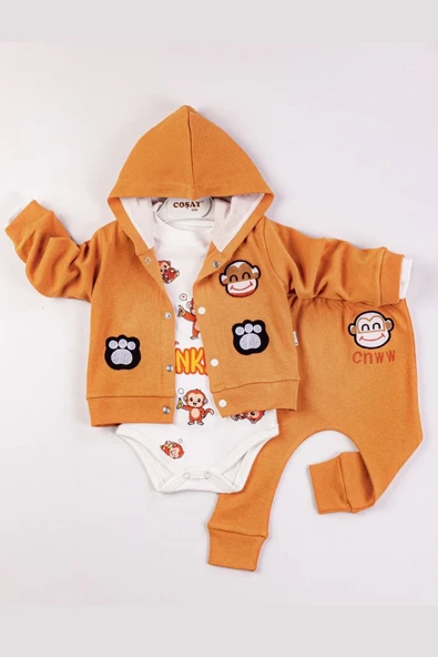 Monkey Nakışlı Kapişonlu Erkek Bebek Takım ürün görseli 1