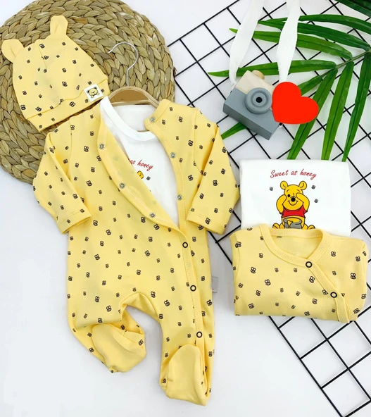 3-6-9-12 Ay Pooh Desenli Şapkalı Sweatli 3lü Kız Erkek Bebek Tulum Sarı ürün görseli 1