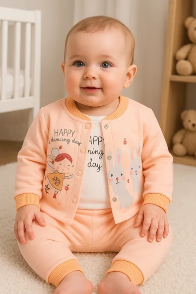 Happy Dancing Desenli 3'lü Hırkalı Kız Bebek Takım ürün görseli 1