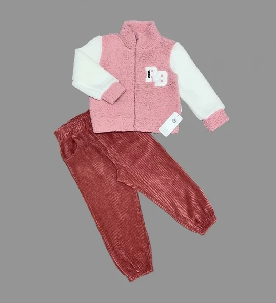1-2-3 Yaş Kuzu Kumaş Fermuarlı Sweat Kadife Pantolonlu Uzun Kollu Kız Erkek Çocuk 2li Takım Gül Kurusu ürün görseli 1