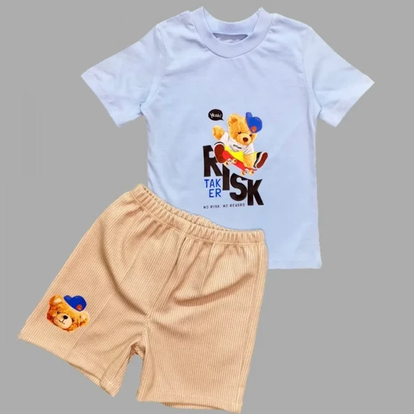 1-2-3 Yaş Kaykaycı Ayı Baskılı Şortlu Kısa Kollu Tişört 2li Erkek Bebek Takımı Mavi ürün görseli 1