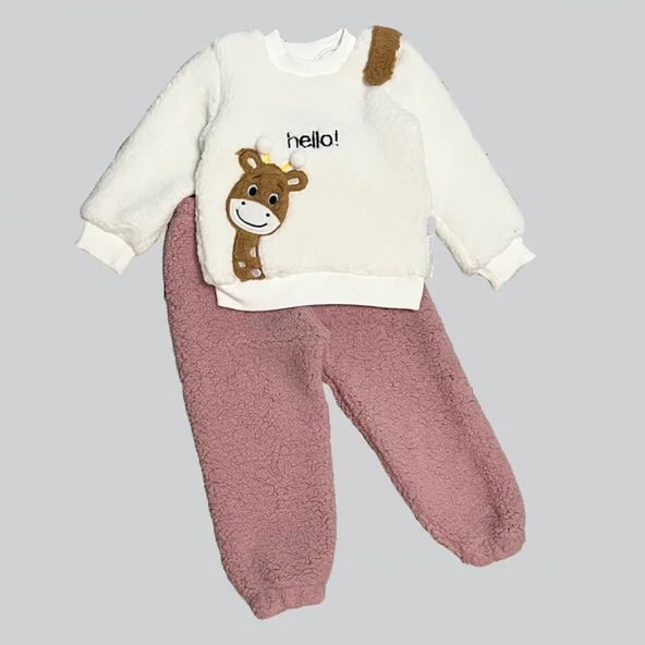 1-2-3 Yaş Hello Zürafa Nakışlı Kuzu Kumaş Sweat Pantolon Uzun Kollu Kız Erkek 2 Li Takımı Gül Kurusu ürün görseli 1