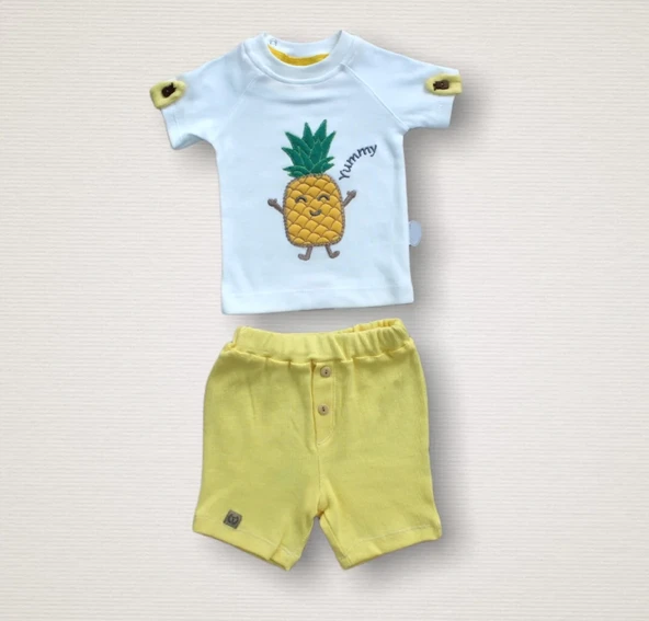 6-9 9-12 12-18 Ay Ananas Nakışlı Kısa Kollu Sweatli Şortlu 2li Kız-erkek Bebek Takımı Sarı ürün görseli 1