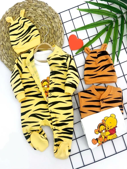 3-6-9-12 Ay Pooh Desenli Zebra Çizgili Şapkalı Sweatli 3lü Kız Erkek Bebek Tulumu(sarı) Sarı ürün görseli 1
