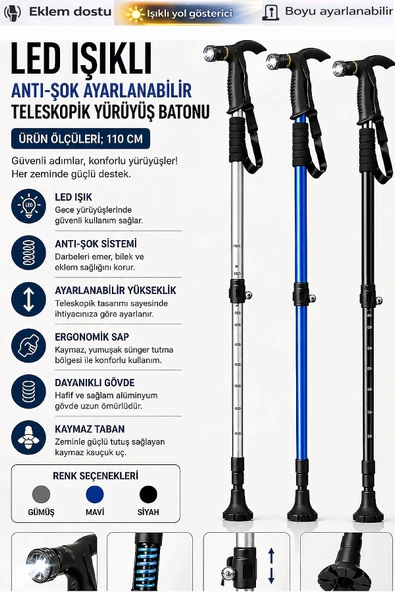 Led Işıklı Anti-Şok Ayarlanabilir Teleskopik Yürüyüş Batonu Katlanabilir Baston ürün görseli 1