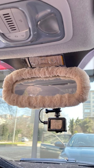 Peluş Dikiz Ayna Kılıfı Süs Bej ürün görseli 1