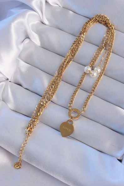 Periboia 316L Çelik Gold Renk Çift Zincir İnci Detayı Love Kalp Kolye - TJ-BKO8939 ürün görseli 1