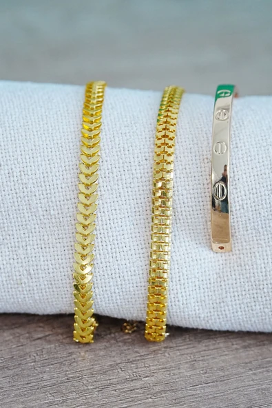 Kombin Bileklik Gold Kılçık Tırtıl ve Düz Cırt Model 3 Adet Birden ürün görseli 1