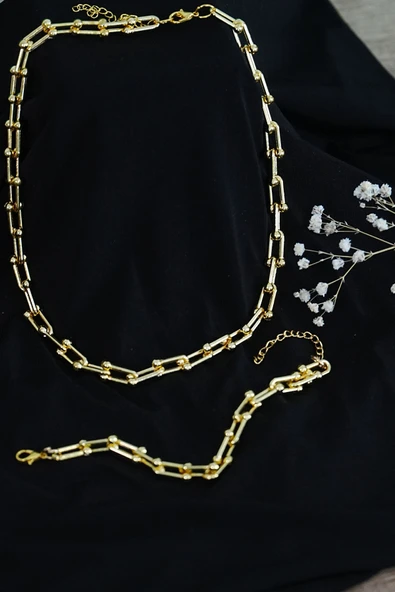 Gold Renk Kadın Kalın Zincir Takı Seti Kolye ve Bileklik 2li ürün görseli 1