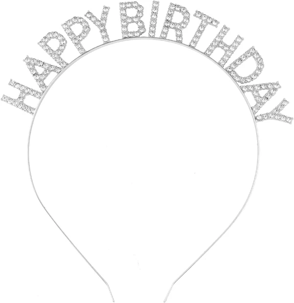 Gümüş Kristal Taşlı Happy Birthday Doğum Günü Tacı İthal Ürün A Kalite 17x16 Cm ürün görseli 1
