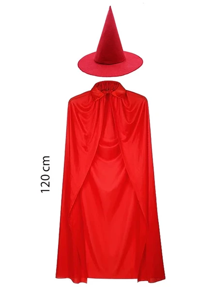 Yetişkin Boy 120 Cm Kırmızı Yakalı Pelerin Ve Kırmızı Cadı Şapkası ürün görseli 1