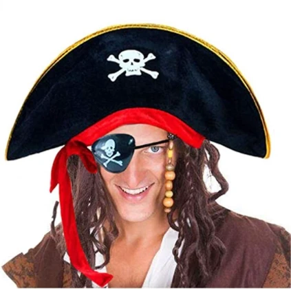 Yetişkin Boy Kadife Kaptan Jack Sparrow Korsan Şapkası Ve Plastik Korsan Göz Maskesi ürün görseli 1