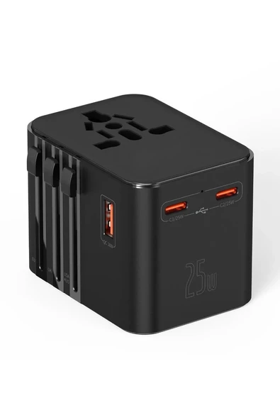 25w Evrensel Seyahat Adaptörü, Eu/us/uk/au Priz Dönüştürücü, 1x Usb, 2x Type-c Hızlı Şarj ürün görseli 1