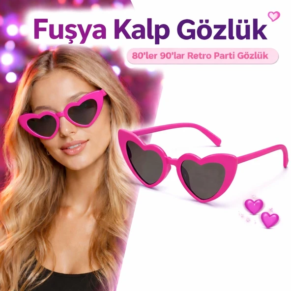Fuşya Pembe Retro Kalp Gözlük – 80’ler 90’lar Stil Parti Gözlüğü ürün görseli 1