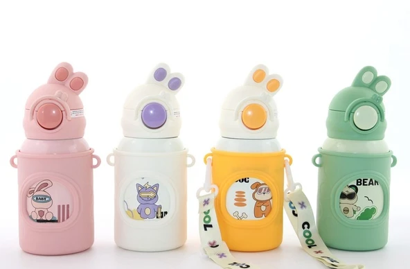 Tavşan Kulaklı Pipetli Çocuk Termosu - 500 Ml Paslanmaz Çelik Suluk Alk2309 ürün görseli 1