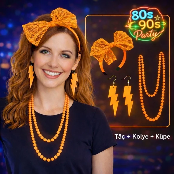 80’ler 90’lar Neon Turuncu Parti Seti – Kolye Küpe Taç ürün görseli 1