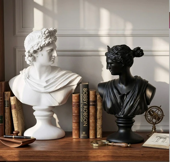Dekoratif Apollo Diana Büst Biblo – Antik Yunan Heykel Tarzı, Biblo Siyah Beyaz Lüks Salon Konsol Süs Objesi ( polyester) ürün görseli 1