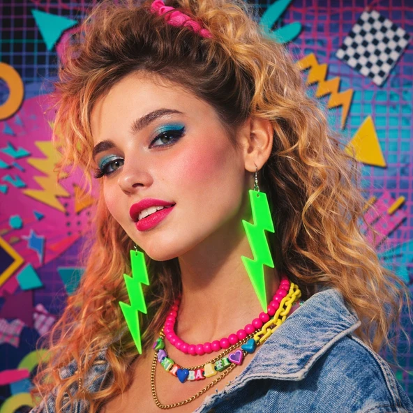 Periboia 80 ler 90 lar Retro Neon Yeşil Şimşek Küpe 10 cm ürün görseli 1