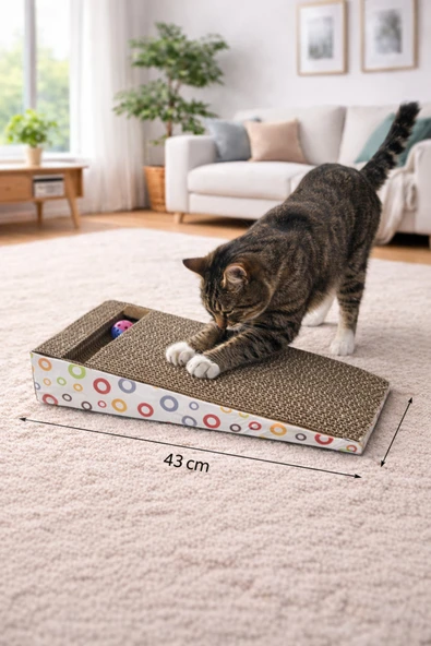 Rampalı Kedi Tırmalama Kartonu Oyuncak Top Hazneli – 43×20×8 cm | Kedi Nanesi Hediyeli ürün görseli 1