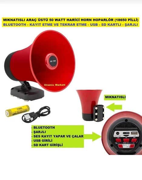 Araç Üstü Mıknatıslı Bluetooth'lu Usb'li Şarjlı 50 Watt Harici Hoparlör ürün görseli 1