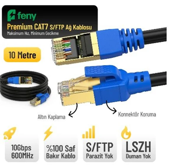 Feny FN-CAT7LS10 10GBPS İnternet 60MHZ 10 Metre CAT7 Gold Patch Kablo (Yanmaz- yüzde 100 Saf Bakır) ürün görseli 1