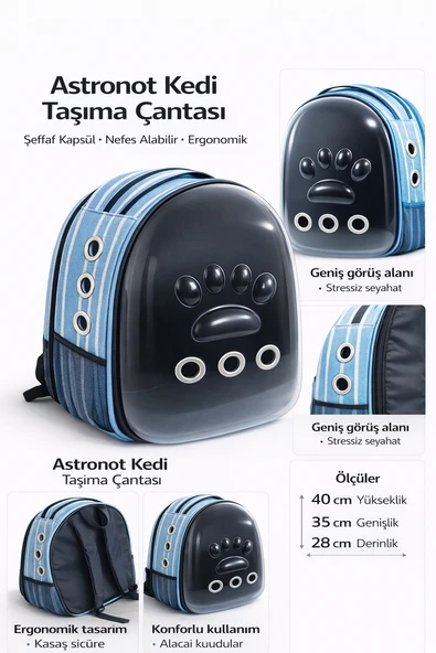 Patili Astronot Şeffaf Kapılı Taşıma Sırt Çantası 24x32x42 cm Mavi ürün görseli 1
