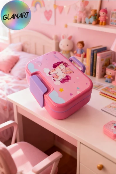 tek kat 4 bölmeli saplı beslenme kabı -beslenme kutusu  çatal kaşıklı vagon pembe ürün görseli 1